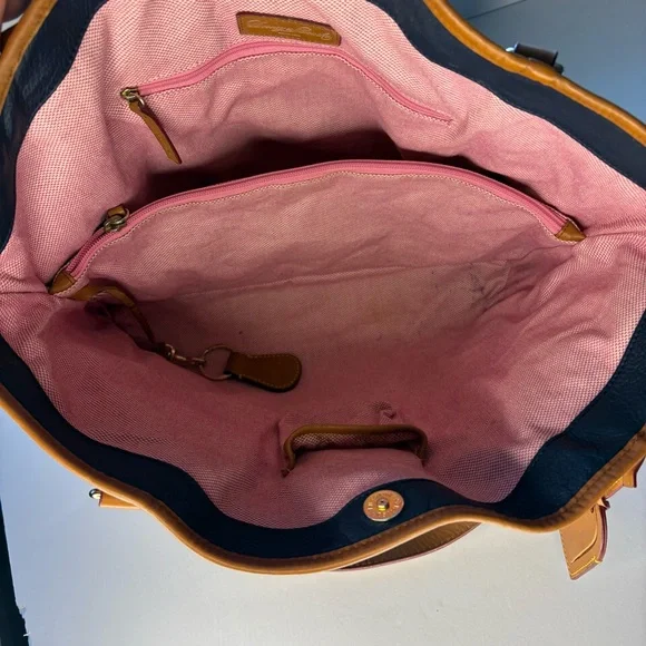 Vintage Dooney & Bourke Blue and Brown Large Leather Tote with Pink Interior - Picture 16 of 16